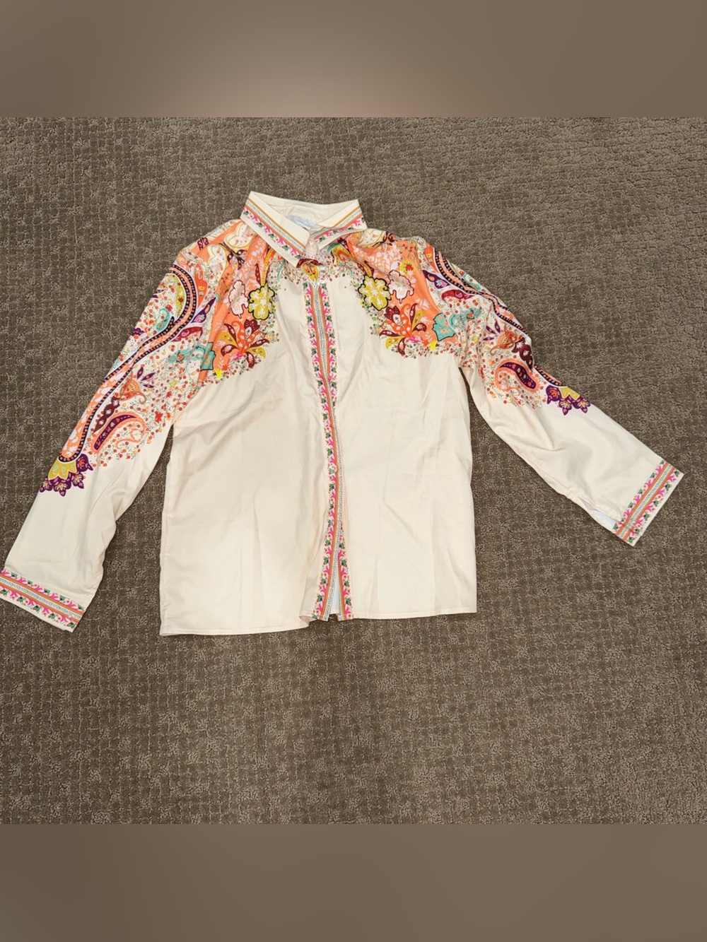 Womens' White Button-Up Shirt with Vibrant Orange Paisley Detail